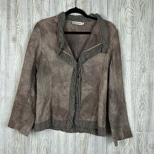 Lauren Vidal Linen Open Front Blazer Cardigan Silk Ruffle Trim Size Small